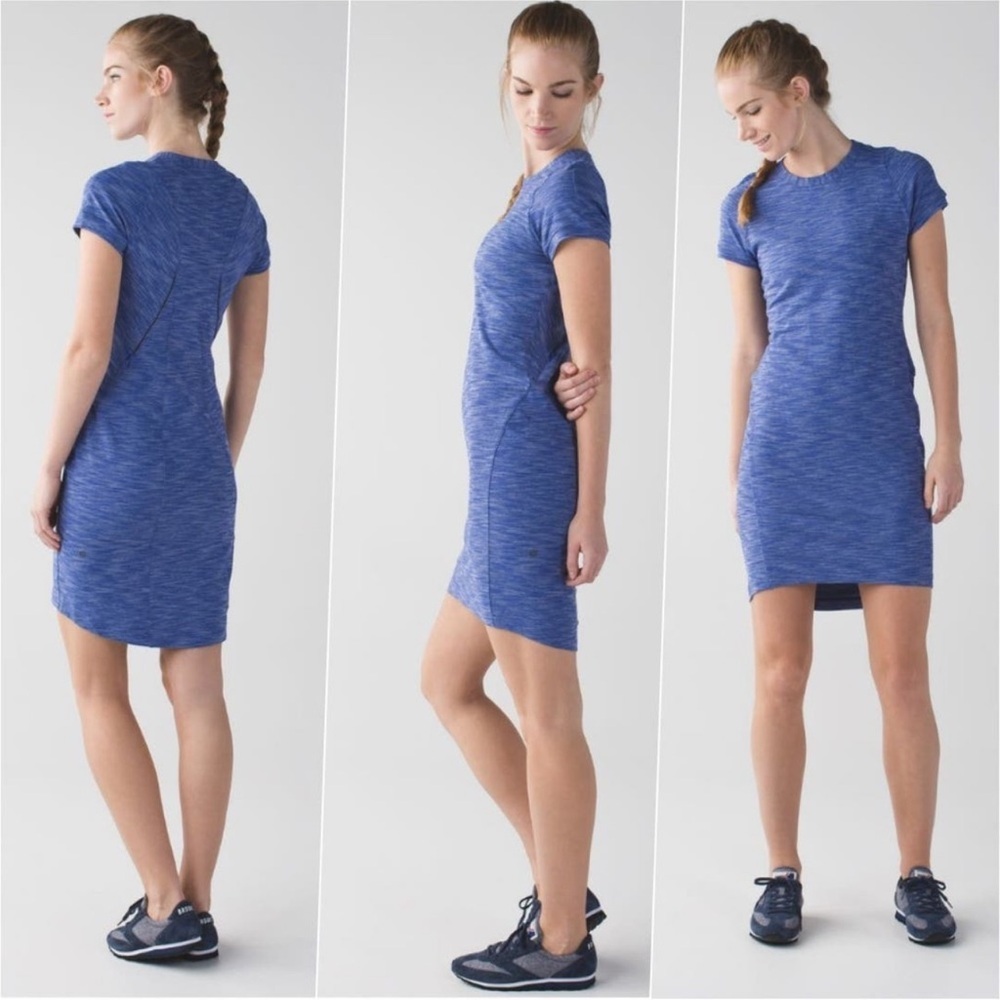 Lululemon & Go Where short sleeve heathered sapphire blue stretchy fitted dress